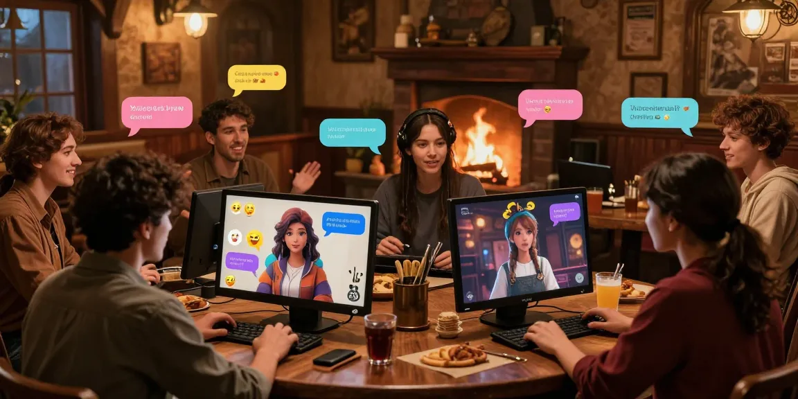 Tavern AI chat scene with users engaging in lively conversations with AI avatars in a cozy virtual environment.