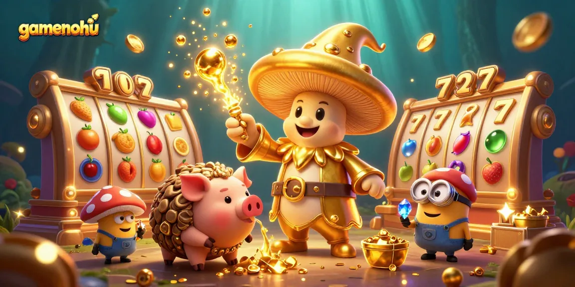 Experience the excitement of gamenohu with golden mushroom wizard and treasure elements in a vibrant casino illustration.