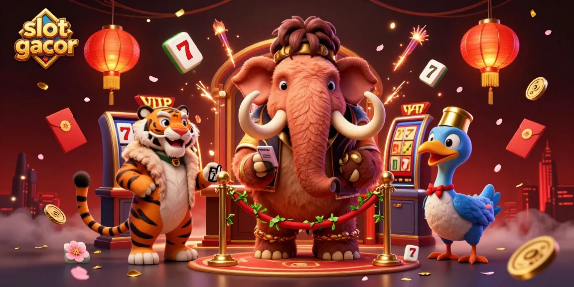 Engage with slot gacor excitement featuring a 3D woolly mammoth checking IDs with dynamic casino elements.