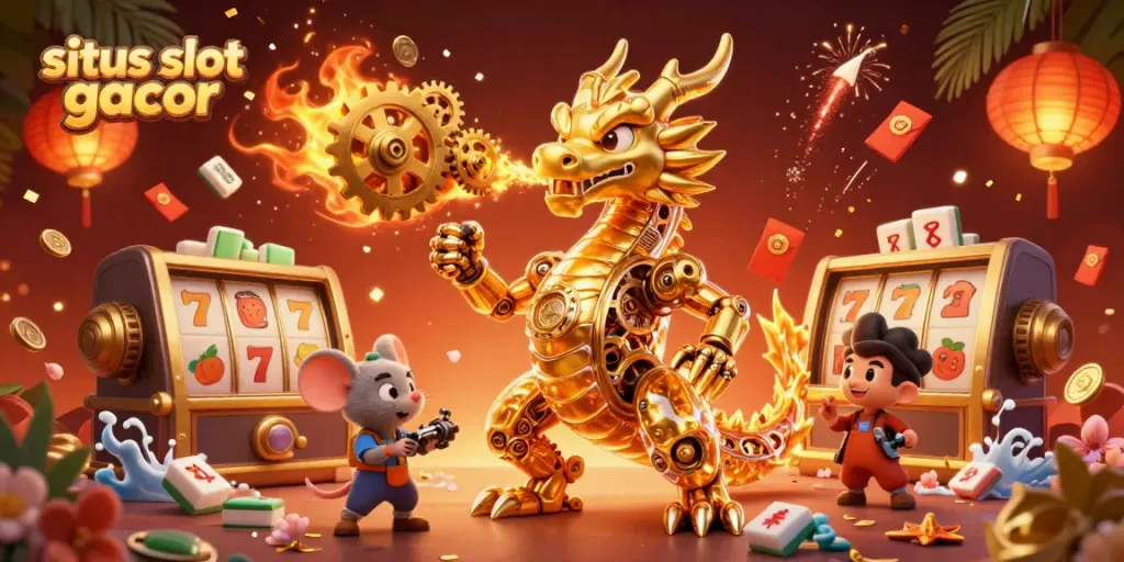 Gambarlah situs slot gacor dengan naga emas dan elemen permainan kasino menyerupai mesin slot.