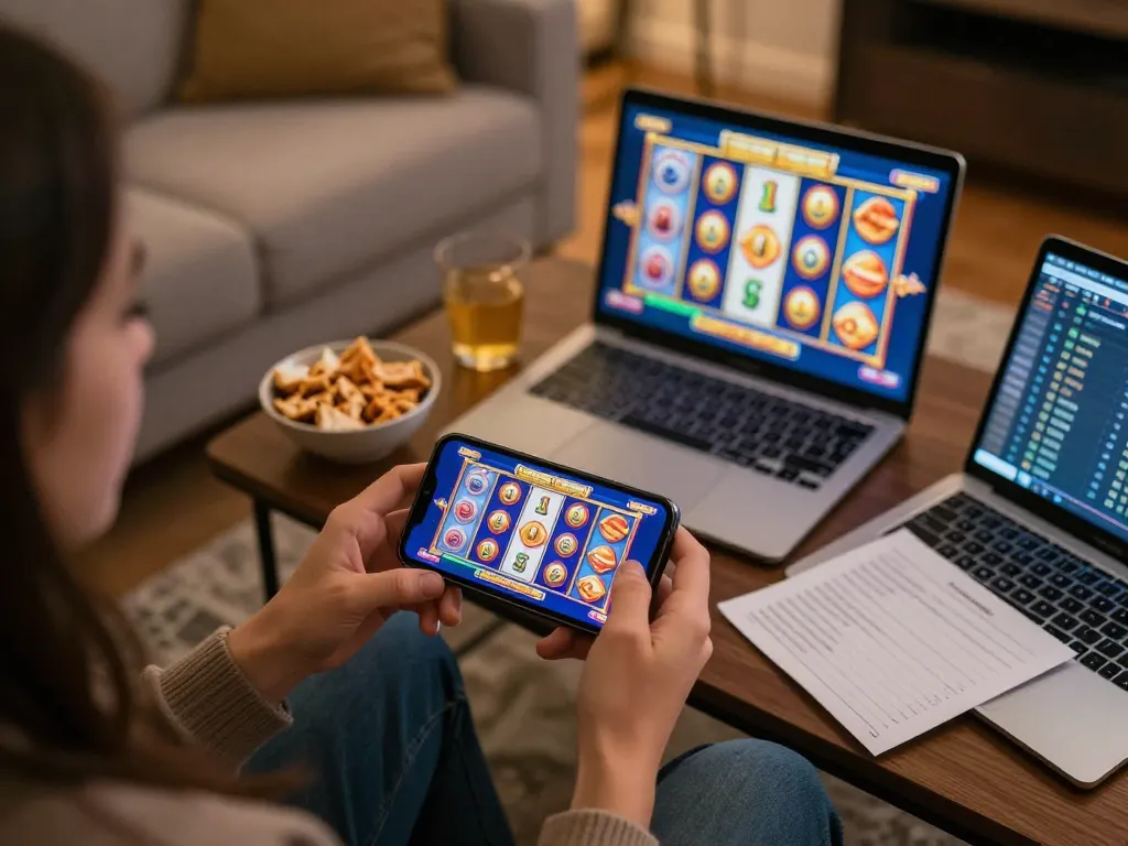 Engaging in thrilling slot online gameplay using a smartphone in a cozy home setting