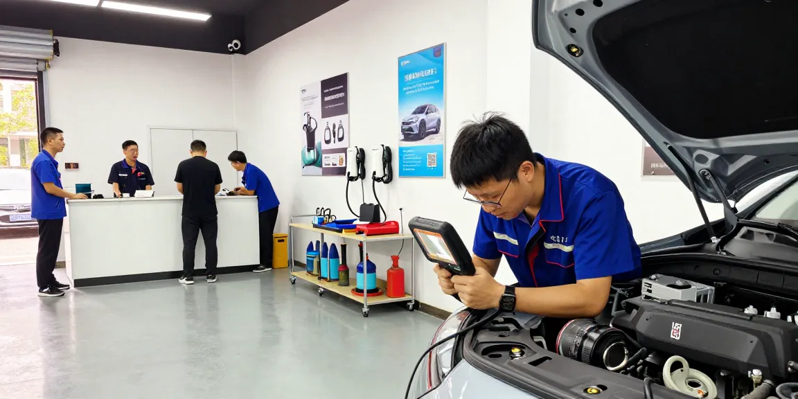 Dynamic service center with automotive technician and car accessories supplier showcases efficient EV charging solutions