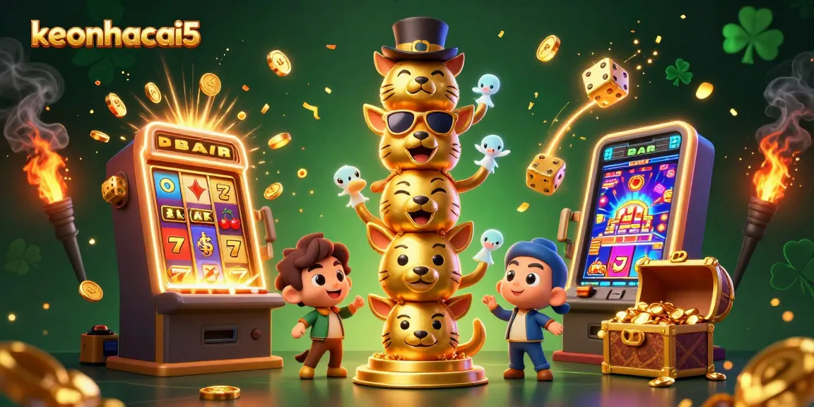 Engage with keonhacai5 through lively 3D casino illustration showcasing vibrant gaming elements and a golden totem.