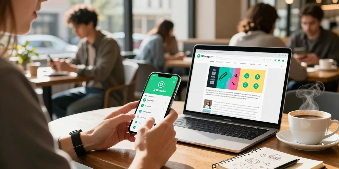 Engaged user exploring GB WhatsApp APK features on smartphone in urban café setting.