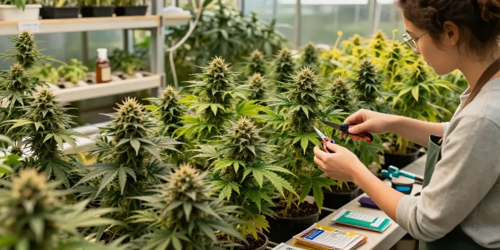 Captivating scene of THC feminized cannabis plants growing in a greenhouse, showcasing care in cultivation while focusing on Feminisierte Cannabissamen kaufen.
