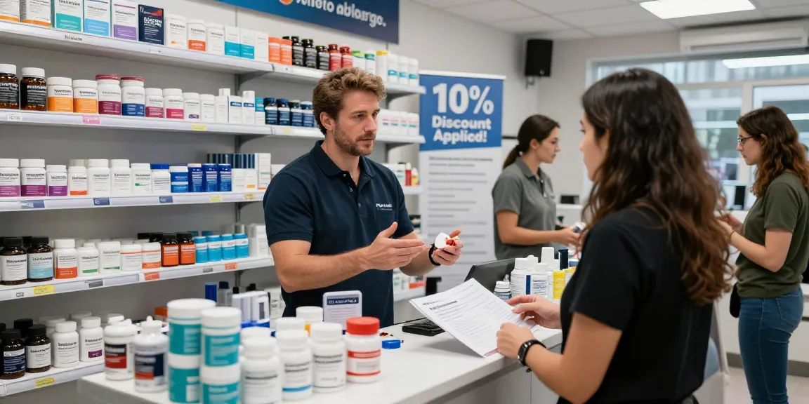 Astera Shop showcasing diverse steroid products, with promotional offers and a customer consultation in a modern setting.