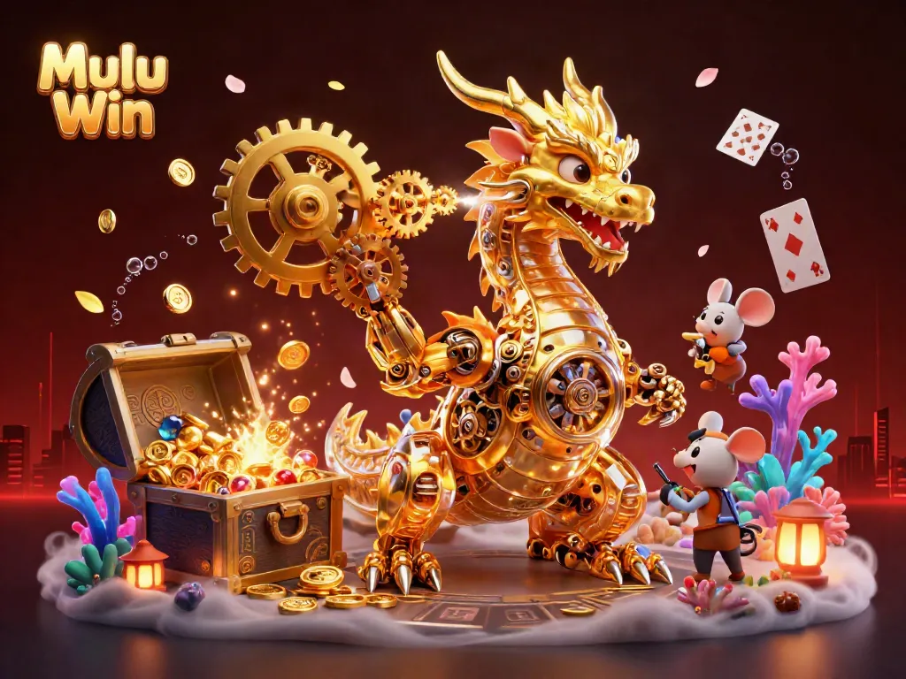 Mulu Win showcases a dynamic scene with a golden dragon and lively game elements for an engaging online gaming experience.