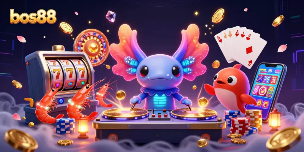 Menghadirkan keseruan bos88 dengan DJ axolotl neon dan simbol jackpot bersinar di kasino virtual.