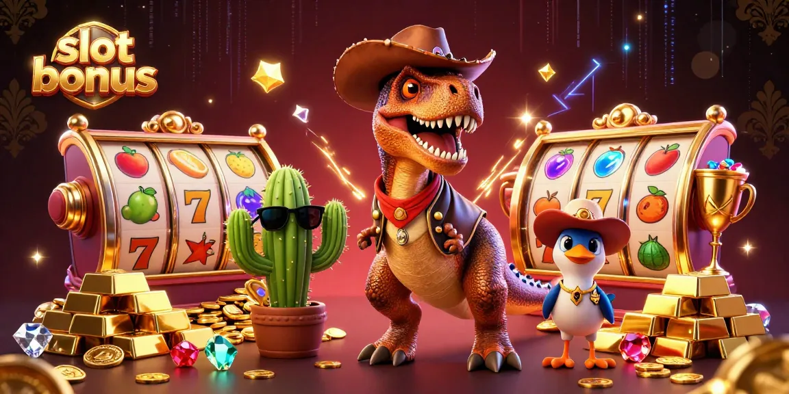 Win amazing slot bonuses surrounded by a 3D dinosaur cowboy, shiny gems, and spinning slot reels.
