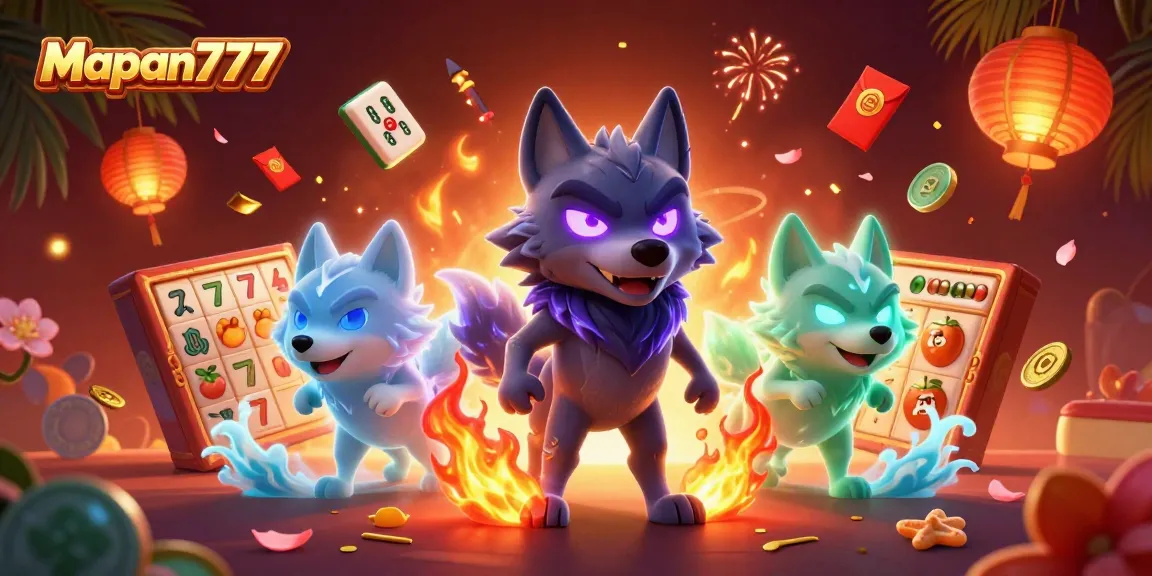 Engage in thrilling gameplay with Mapan777 in a vibrant 3D casino scene featuring wolves and slot elements.