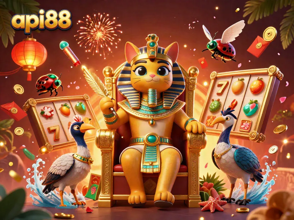 Experience tremendous wins with api88 in a vibrant casino scene featuring playful Egyptian characters and slot themes.