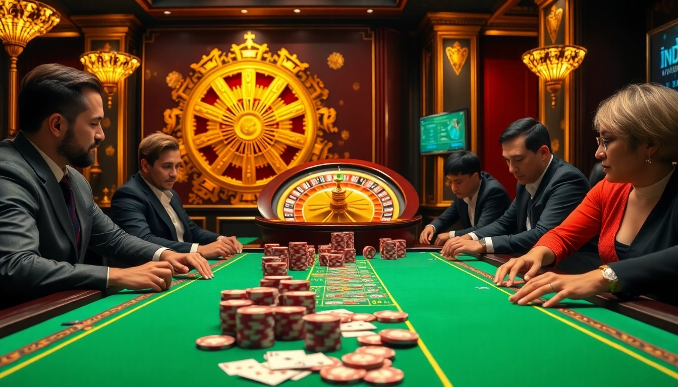 Engaged players at an idnslot gaming table, showcasing vibrant poker chips and exciting gameplay.