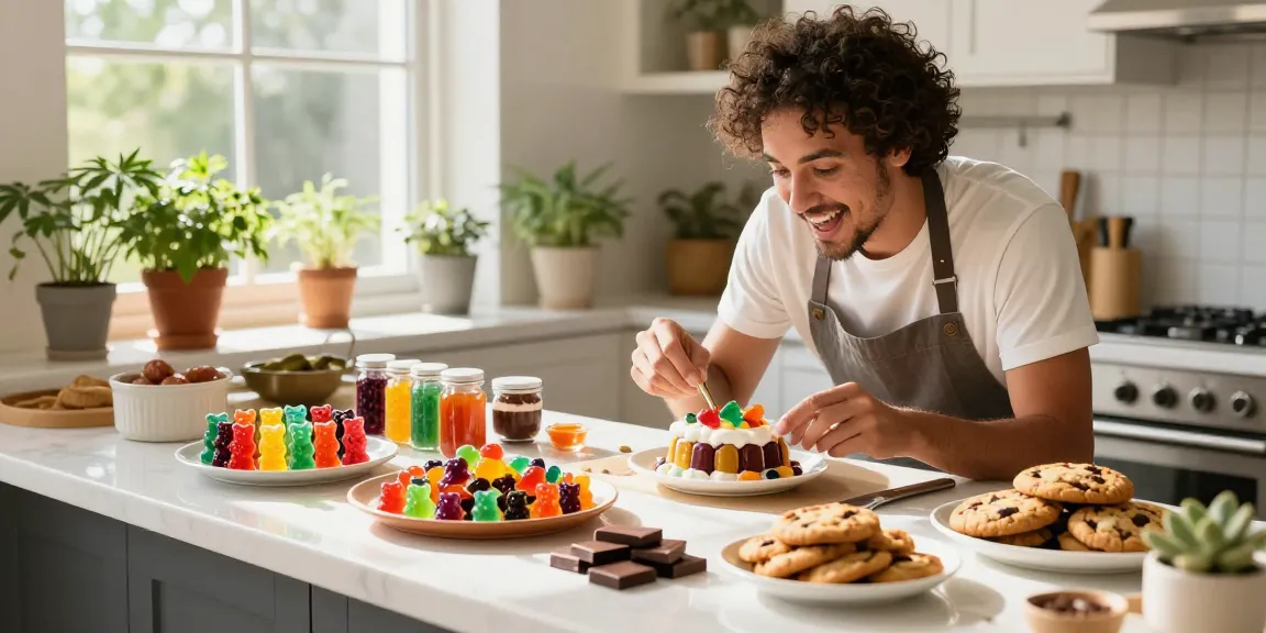 Delicious cannabis edibles UK displayed in a bright kitchen, showcasing gummies, chocolates, and cookies.