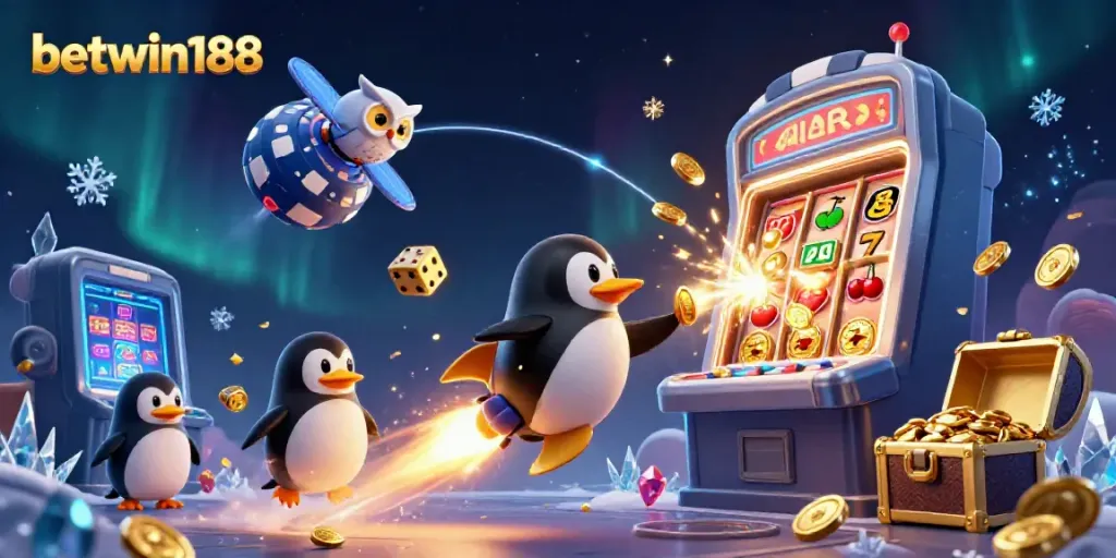 Akses BETWIN188 dalam ilustrasi dinamis dengan penguin emas dan simbol perjudian