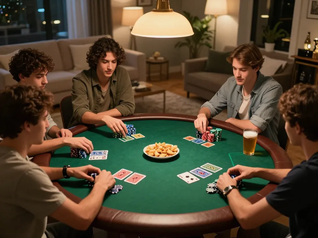 Friends enjoying a lively poker night at home, showcasing strategic gameplay and camaraderie at 789club chính thức.