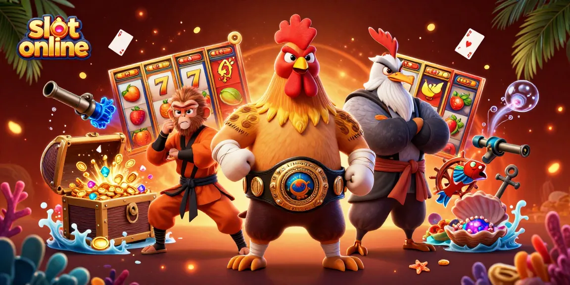 Play slot online with excitement alongside a fierce Muay Thai rooster and a Shaolin monkey in action.