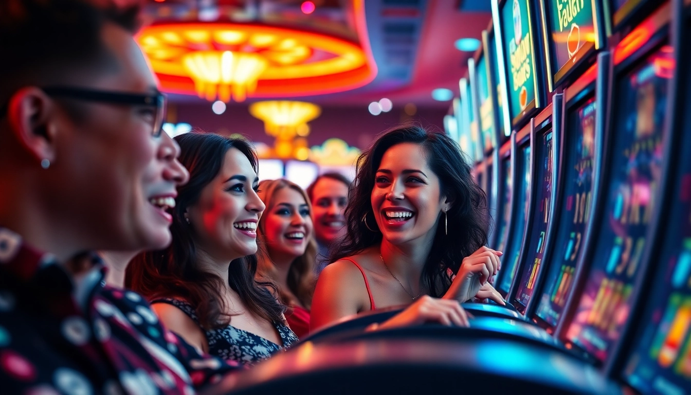 Engage with login situs slot terbaru in vibrant casino settings, featuring players at slot machines.