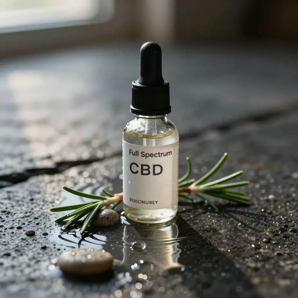 CBD tincture bottle in wet stone with rosemary, pebble, and a sliding water droplet