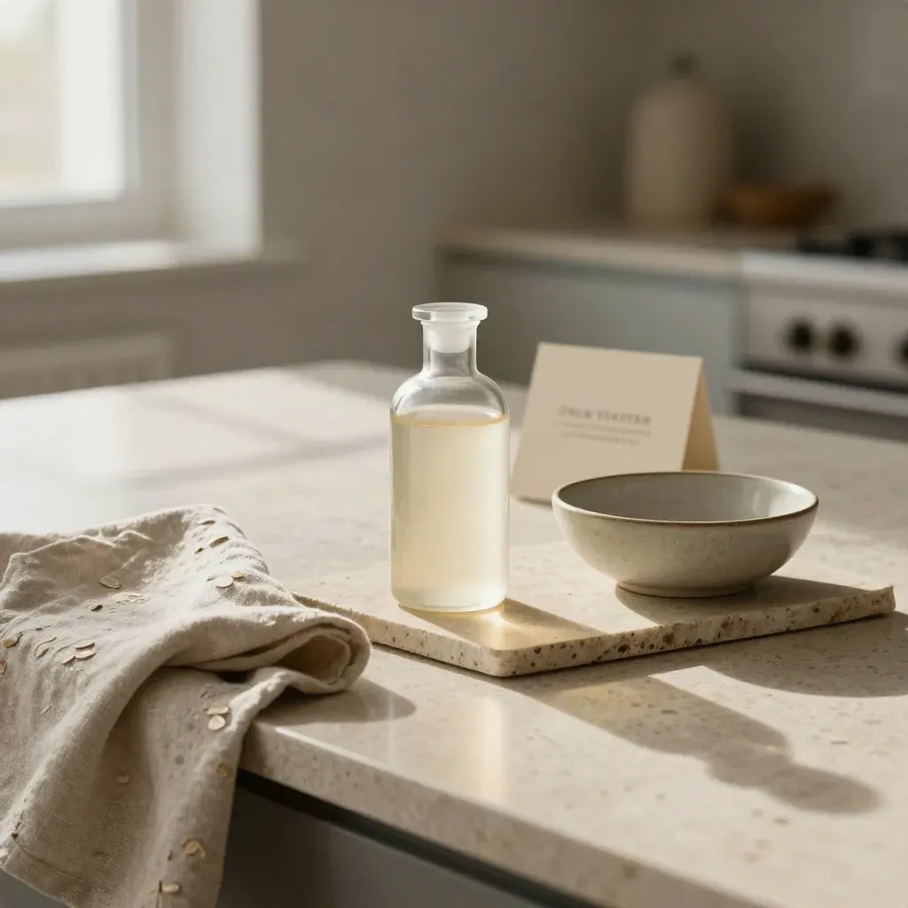 Tincture bottle, gummy jar, bowl and linen on travertine in soft window light.
