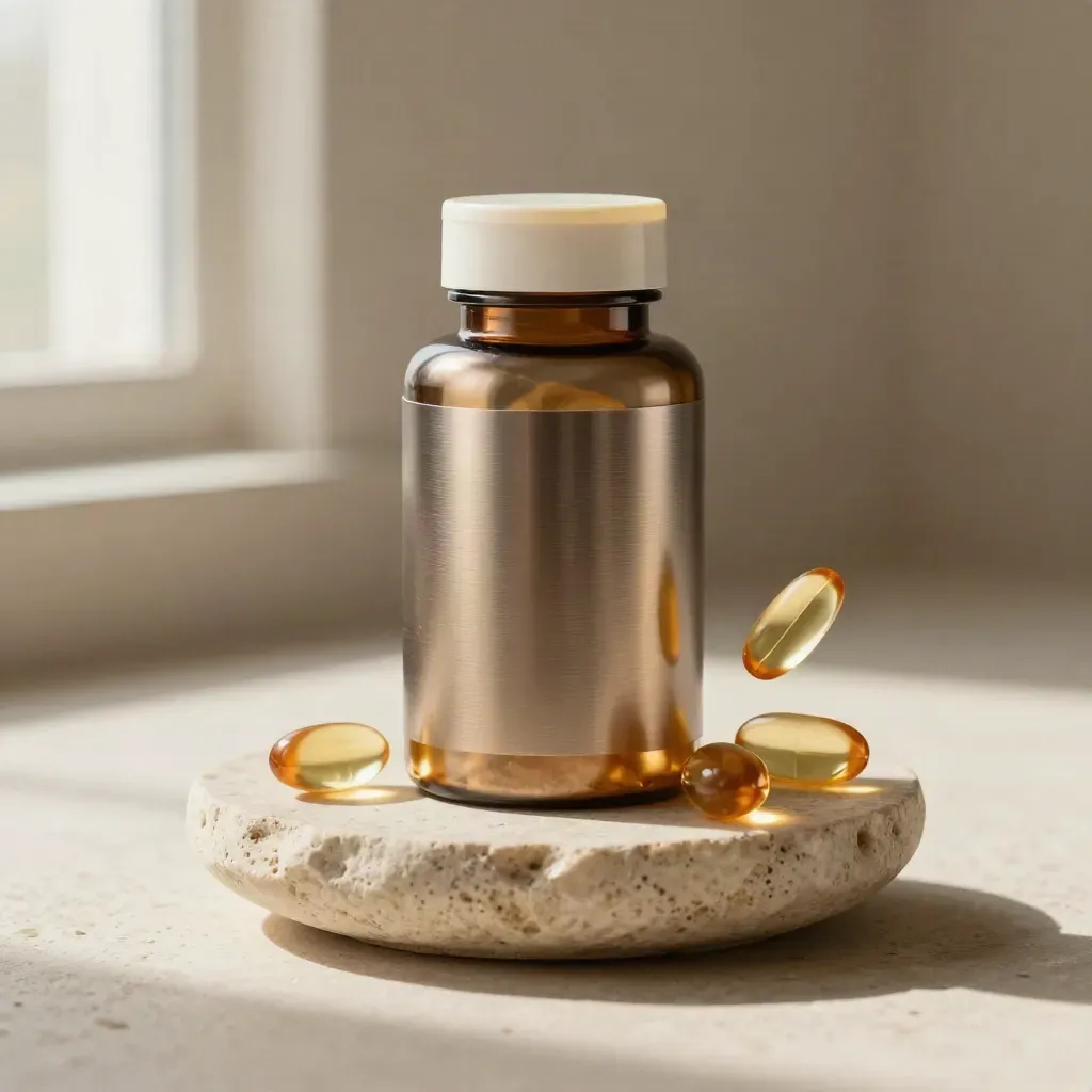 Unbranded softgel bottle, stone dish and capsules in a bright studio hero shot.