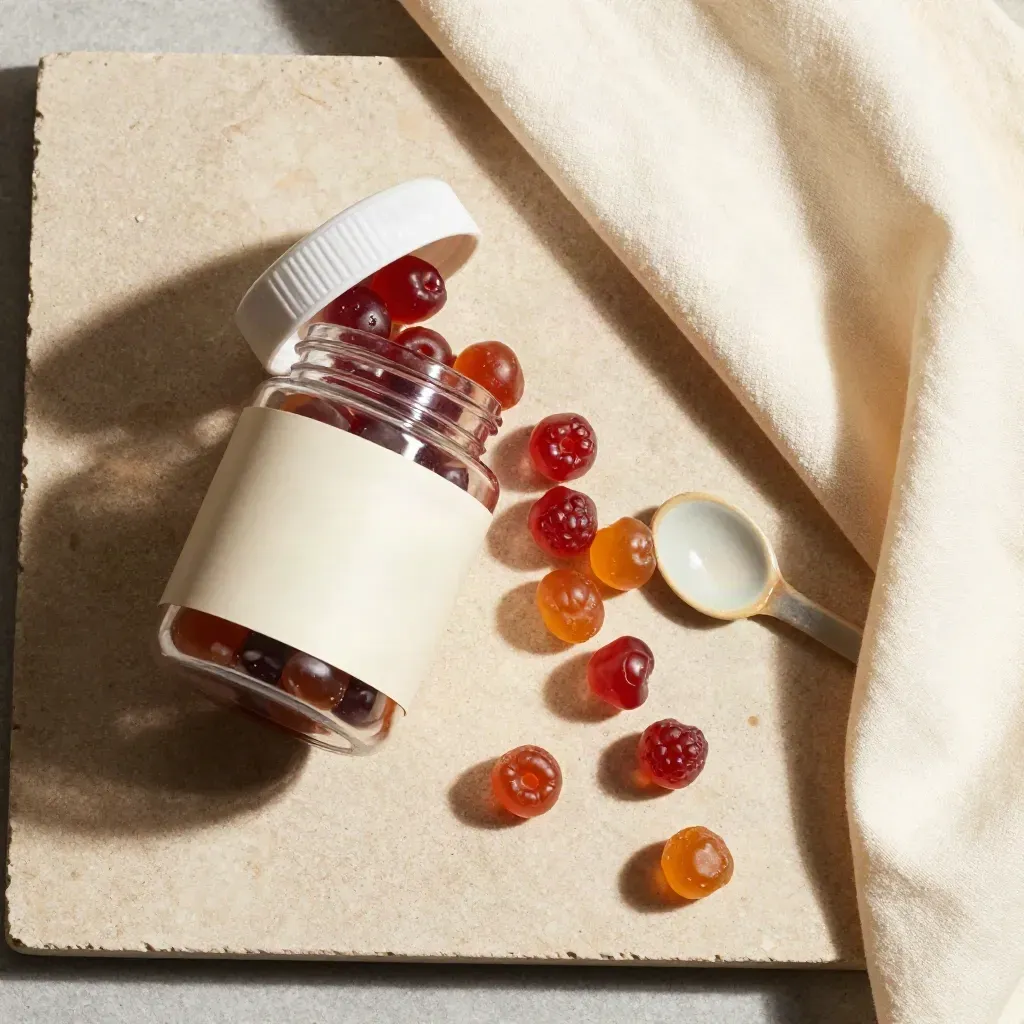 Overhead flatlay of an unlabelled gummies jar, loose berry gummies, spoon, and cream cloth.