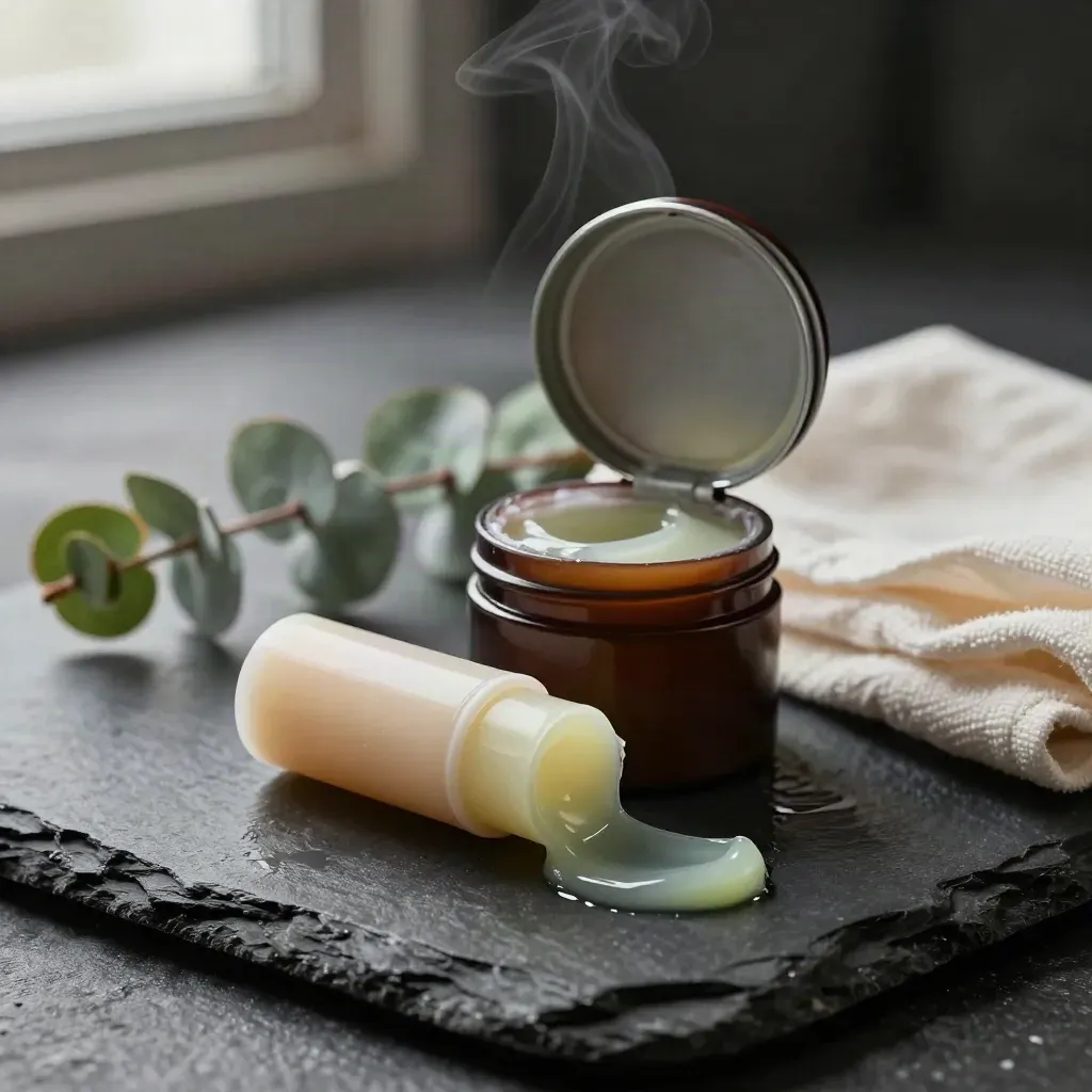 Open balm tin, glossy swipe on damp slate, eucalyptus twig and cloth in dramatic studio light
