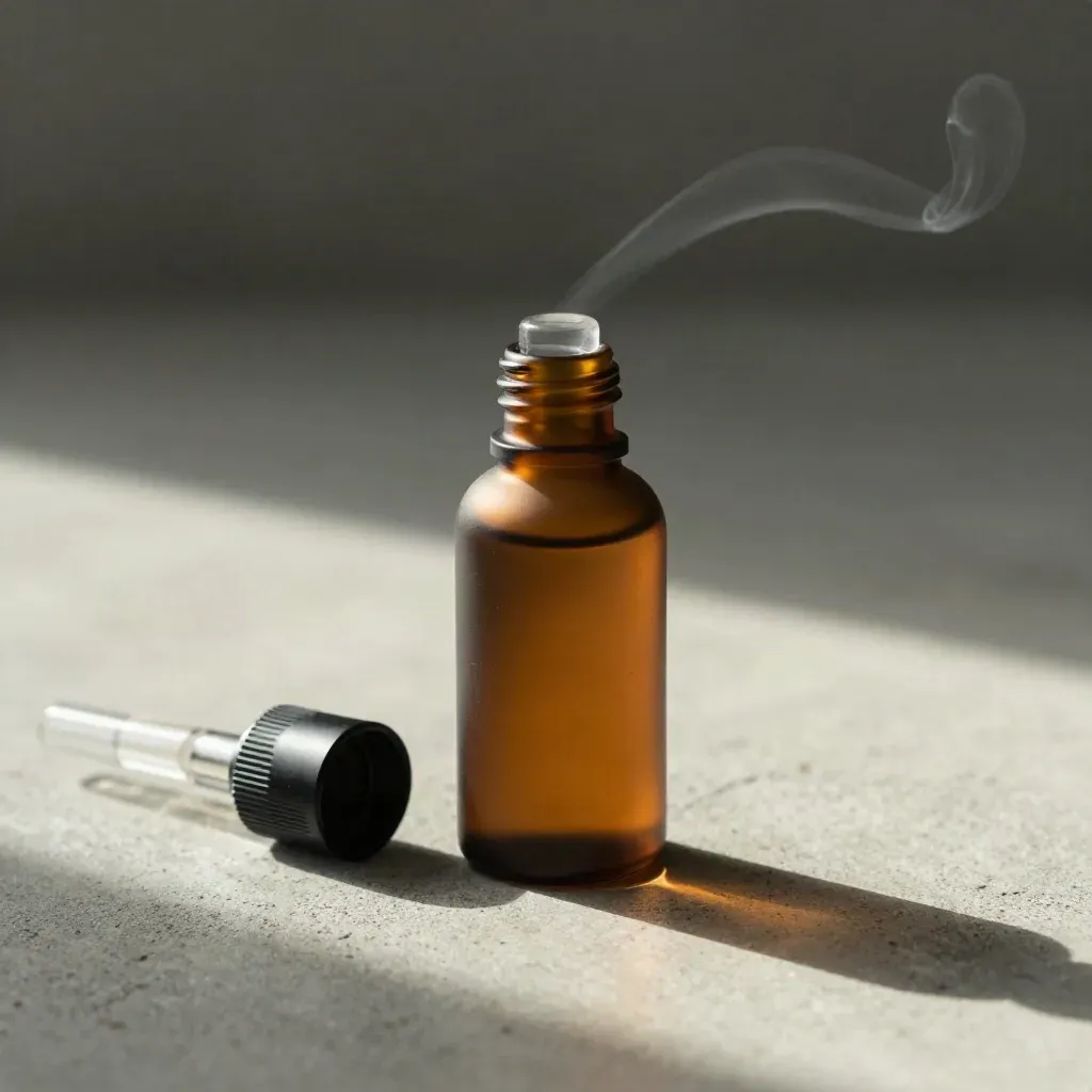 Mint vape oil bottle, cap and glass mouthpiece on concrete with curling vapor