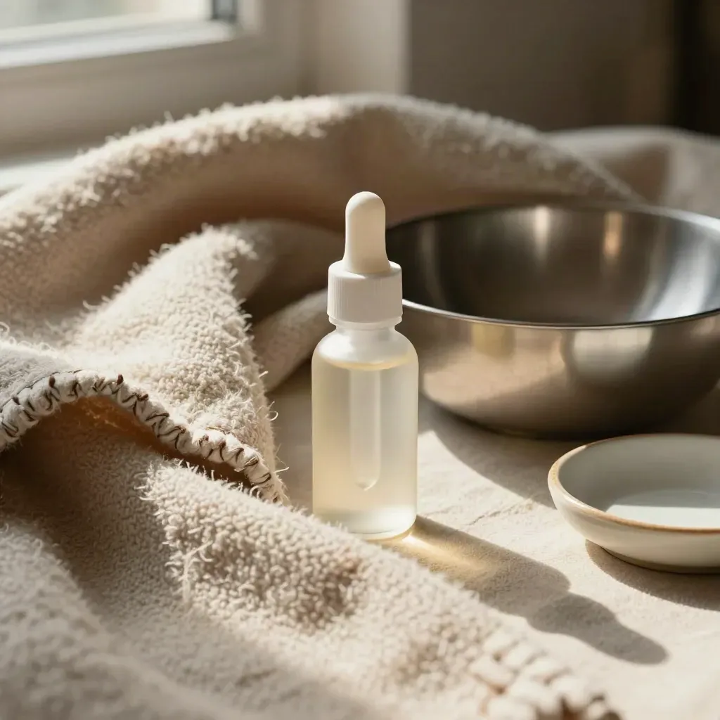 Pet CBD drops bottle nestled in wool beside a stainless bowl and ceramic dish