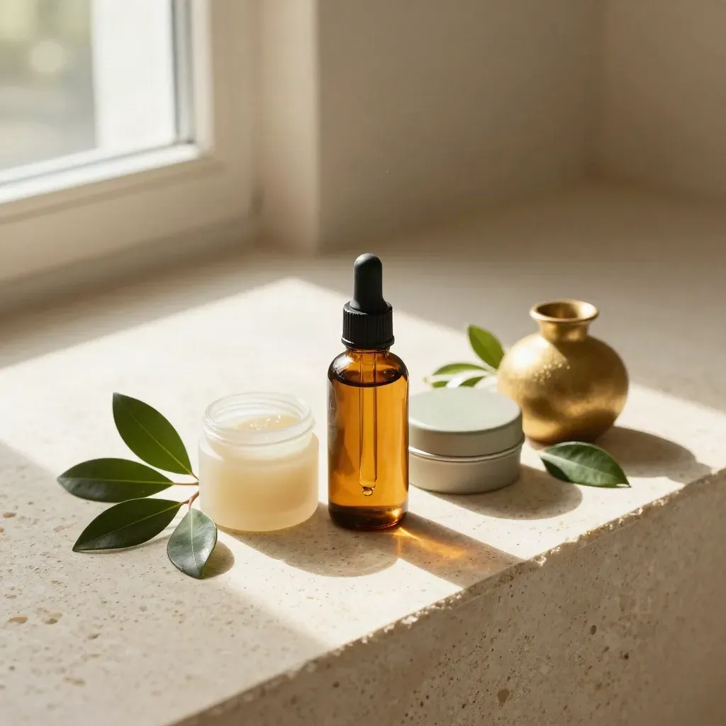 Luxury CBD bundle on travertine with tincture, gummies, balm tin and botanicals in warm sun.