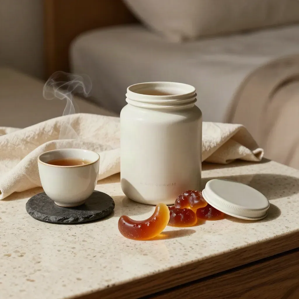 Plain gummy jar beside teacup, linen, stone coaster, and spilled gummies on a bedside surface.
