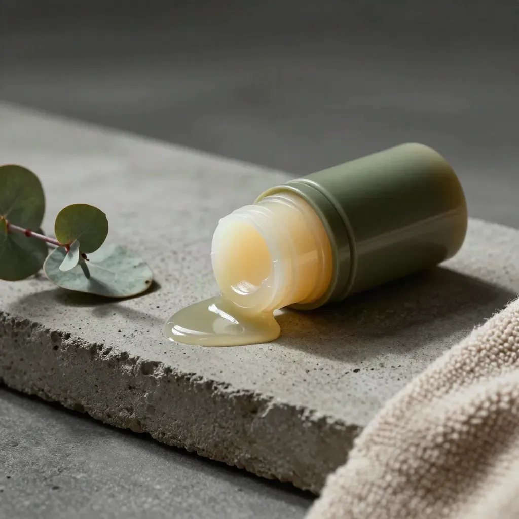 Macro muscle balm stick on concrete with eucalyptus leaf and folded towel in cool studio light