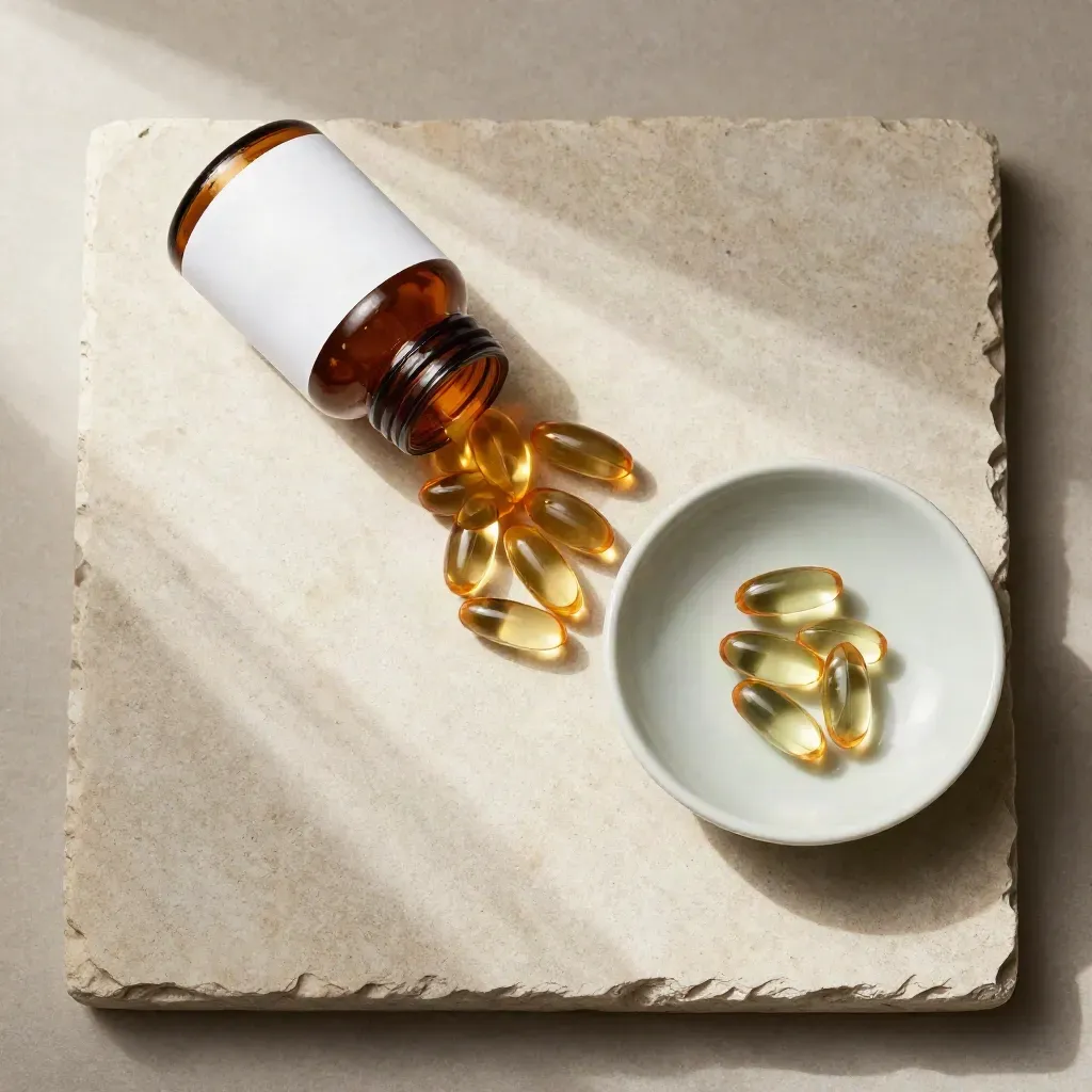 Overhead flatlay of a plain softgels bottle, capsule arc, and small sage ceramic dish on pale stone.