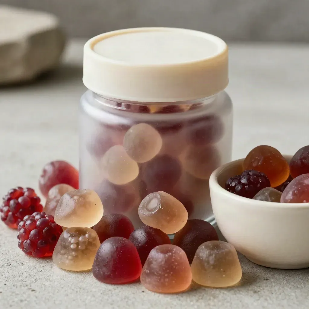 Unlabelled berry gummies jar with a ring of gummies and a cream ceramic bowl in macro close-up.