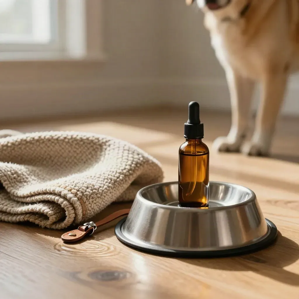 Amber pet drops bottle beside a steel water bowl, blanket, and leash clip on a wood floor.