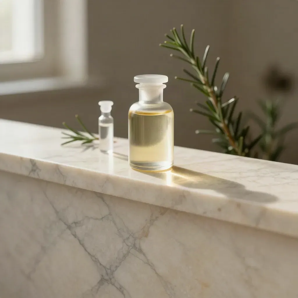 Marble ledge with a glass tincture bottle and blurred rosemary in soft upper light.