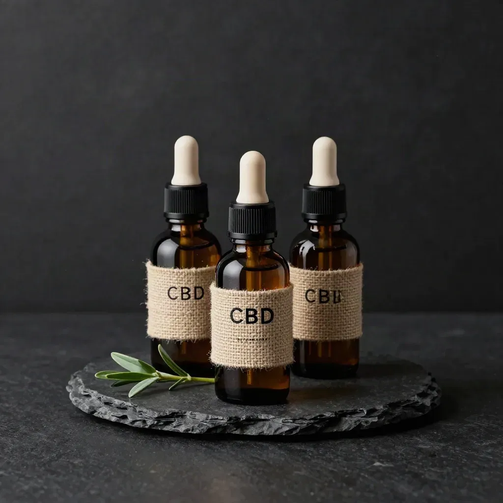 Three amber CBD bottles on a stone tray with linen band and sprig in dramatic studio light.