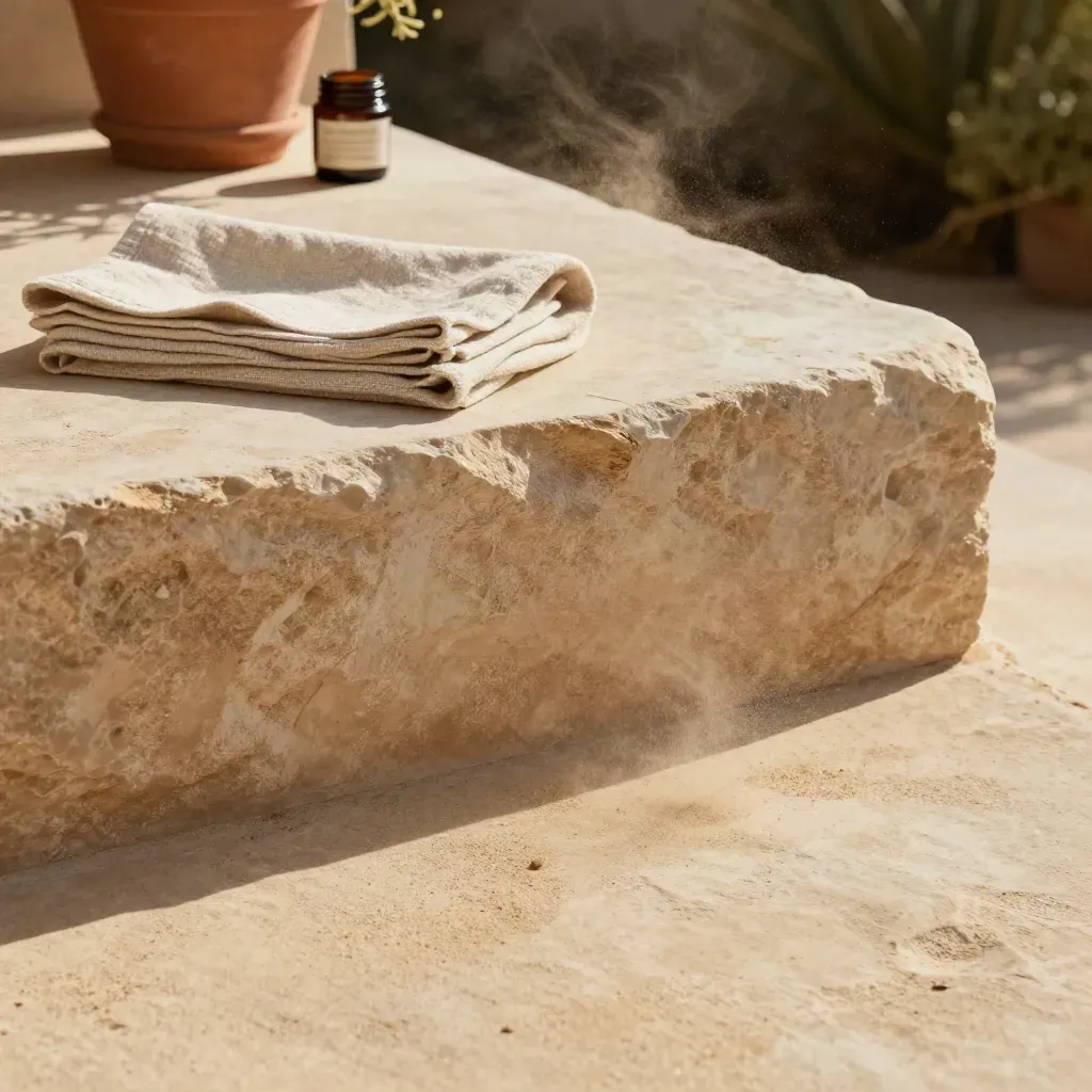 Sunlit sandstone terrace with towel, herb pot, and balm jar, calm copy space below.