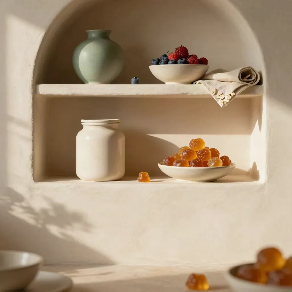 Plaster archway with gummies jar, ceramic shelves, and a blurred berry bowl in soft afternoon light.