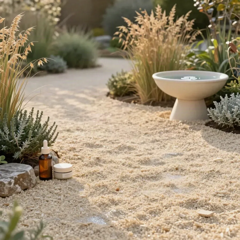 Dewy gravel path with grasses, a ceramic water bowl, and amber CBD pet drops in golden morning light.