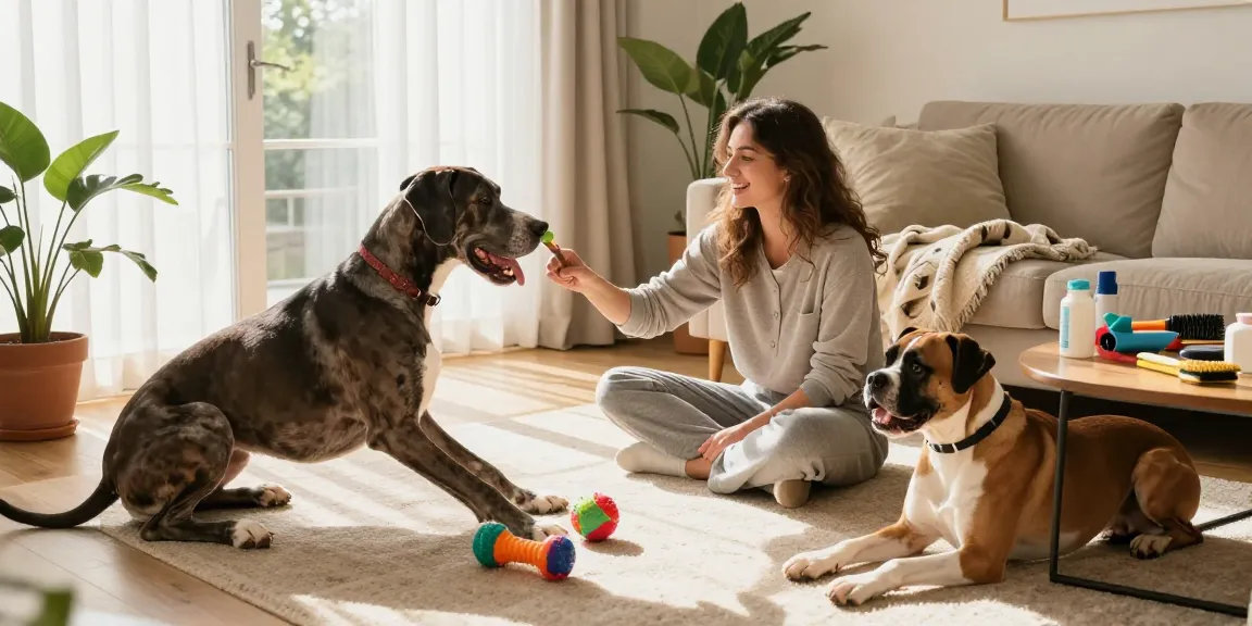 Playful moment with a Boxer and Great Dane, read more on our blog about pet care tips.
