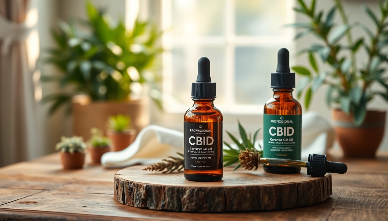 Showcasing CBD Oil bottle on rustic wooden table with greenery backdrop for organic essence.
