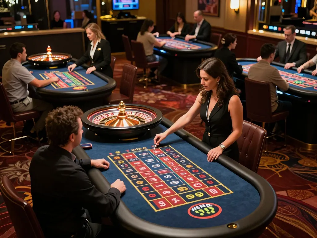Players engaging in thrilling roulette gameplay at fly88 casino, vibrant atmosphere and professional croupier.