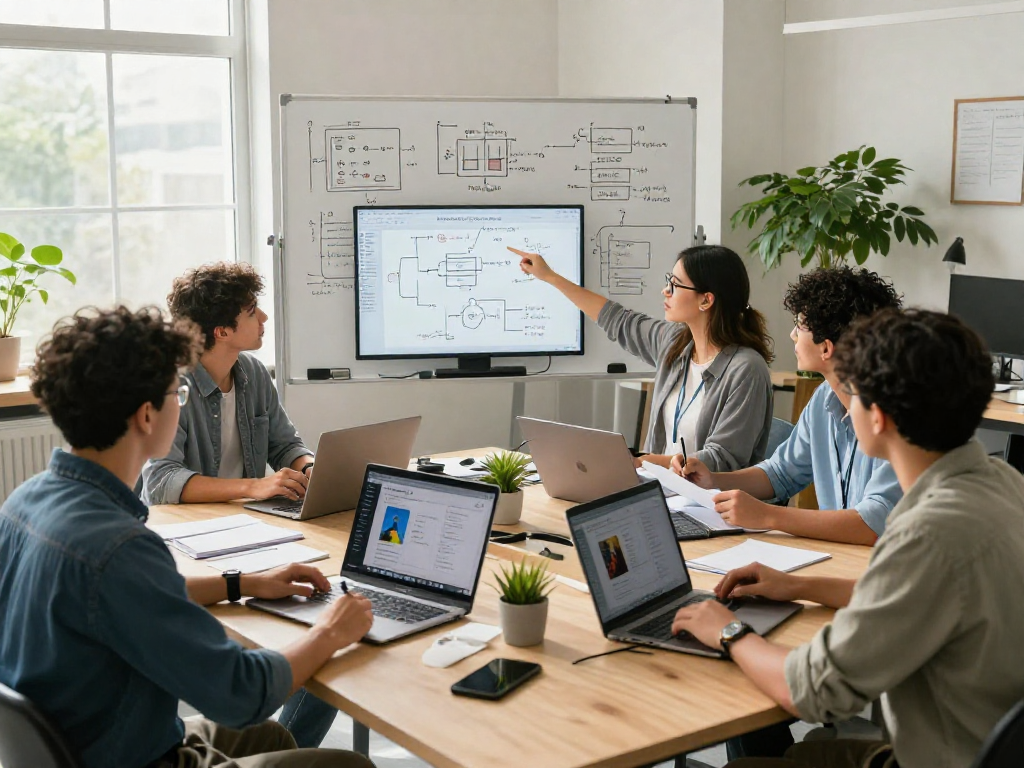 Team collaborating on AI image detector technology in a bright office.