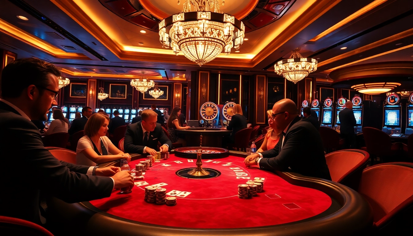 Excitement in a casino showing gamblers engaging with migration lawyer melbourne services amidst poker games.