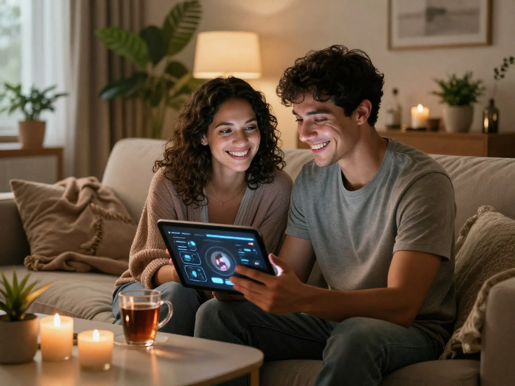 Couple enjoying an intimate moment during a sex ai chat on a tablet in a cozy living room.