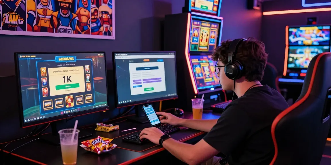 Player engaged in online slot games on GARUDA303 with slot deposit 1k interface, colorful atmosphere, and snacks.
