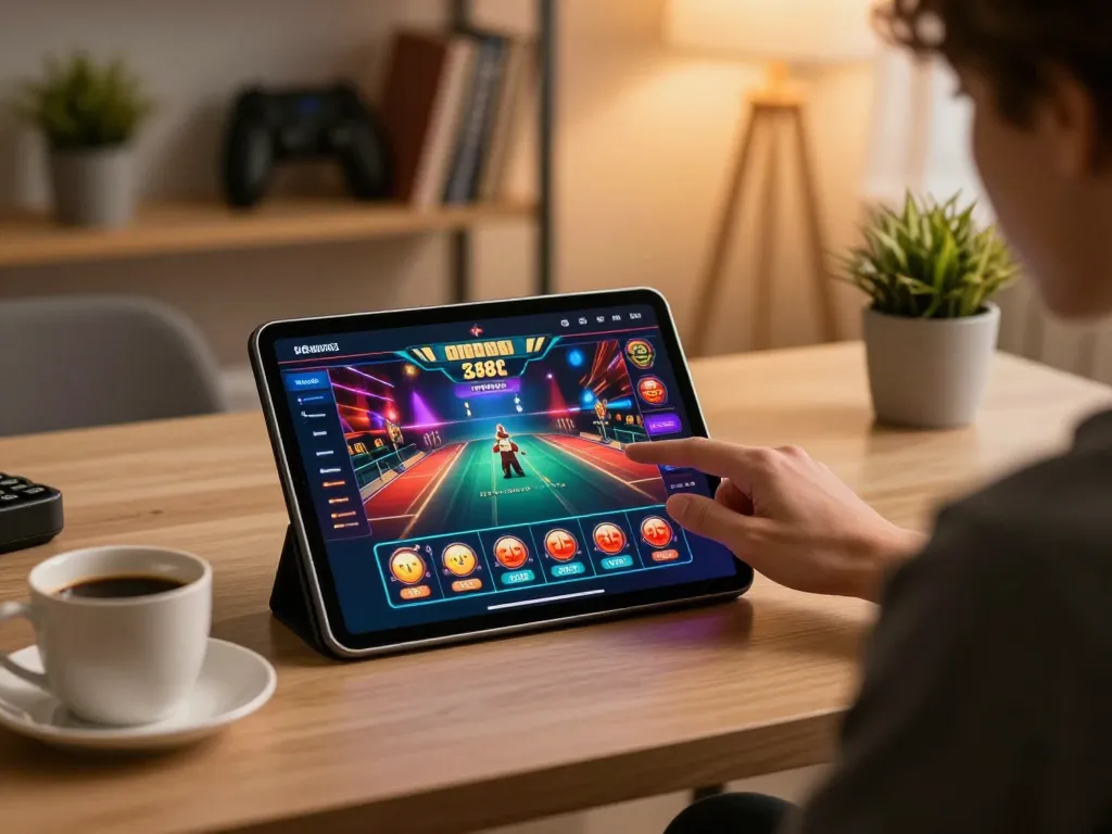 Engaging gameplay on 388bet as a player interacts with a casino tablet at home.