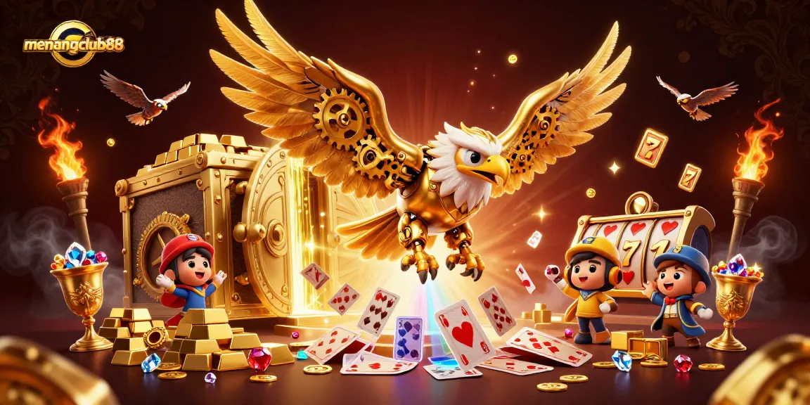 Play dynamic games at menangclub88 with a thrilling scene of golden treasures and holographic cards.