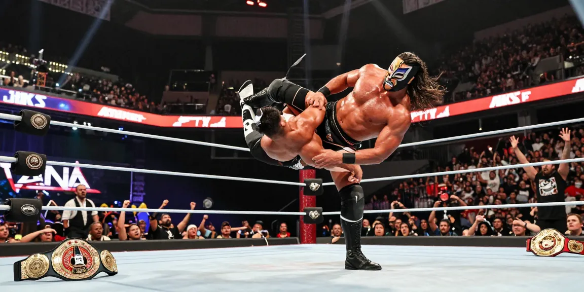 Abyss wrestler delivering a powerful move in a wrestling ring with fans cheering in the background.