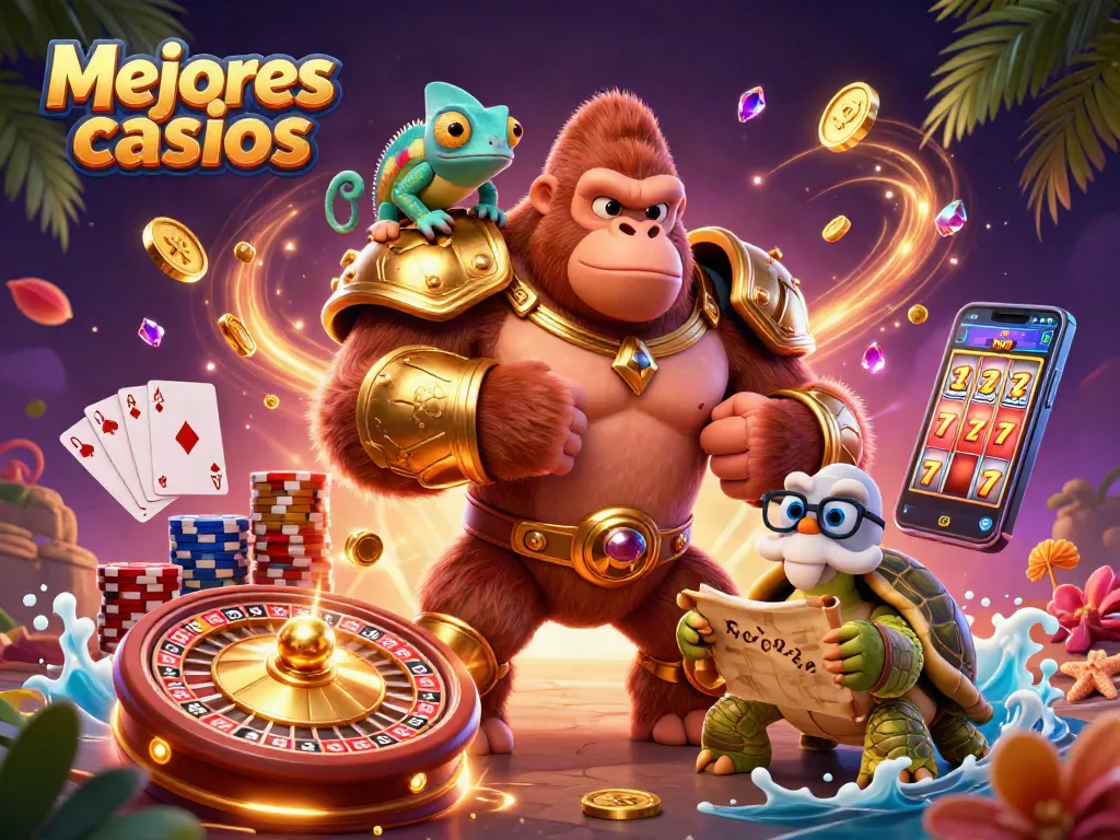 Mejores casinos: ilustración 3D de un gorila rey y un camaleón en un entorno de juego dinámico